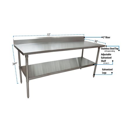 Bk Resources Work Table 16/304 Stainless Steel W/Galvanized Shelf 5"Riser 72"Wx30"D CTTR5-7230